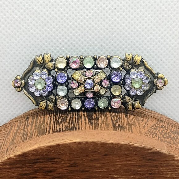 Vtg Style Purple Pink Rhinestone Floral Brooch Bar Retro Art Deco Style - Picture 1 of 3